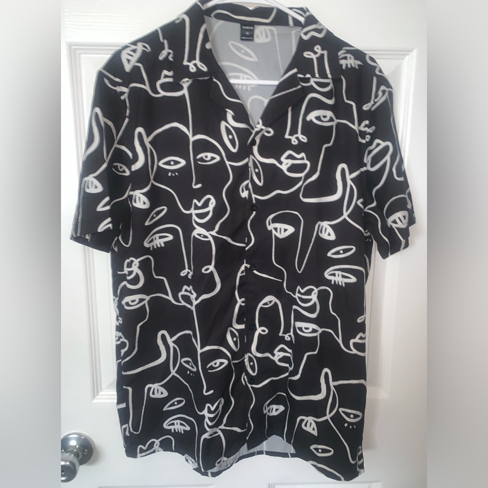Mens Black and White Button Down Graphic Shirt